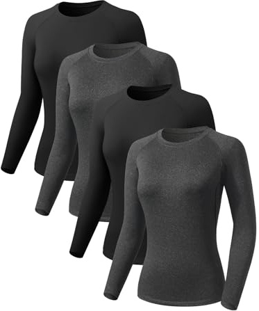 Orrfreer 4 Pack Women's Activewear Gym Tops Long Sleeve Compression Shirt Fitness Workout Yoga Tops Ladies Sports Running T-Shirt Fast Dry, Breathable Black/Grey/Black/Grey M