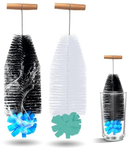 2 st flaskborste, 35 cm lång med ergonomiskt handtag, svarta borst och blå svamp – kompatibel med sodastream-glas och plastflaskor, rengör effektivt och skonar flaskorna