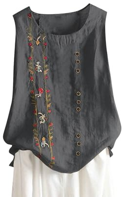 HAOLEI Vest Tops Women UK Summer Cotton Linen Sleeveless T-Shirt Plus Size Loose Fit Floral Shirts Dandelion Embroidered Lounge Wear Baggy Dressy Casual Blouses Ladies Tank Tops