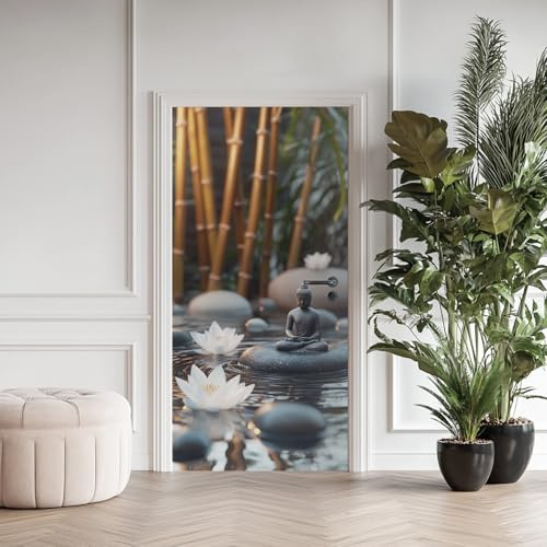 Adesivi 4D per porte con statua di Buddha di loto, poster con pietra massaggiante sul lago, adesivi rimovibili impermeabili in PVC, adesivi per porte tranquilli zen, adesivi per interni per
