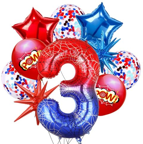 Spider Globos de Cumpleaños 3 Años con Temática de Araña, 10 Piezas Globos de Papel de Estrella, Confeti Globos de Látex, Globo de Helio, Foil Globo Número 3 para Cumpleaños, Aniversario, Fiestas
