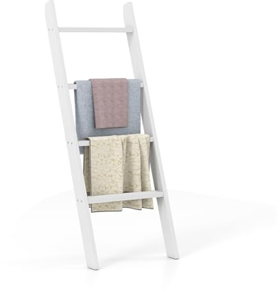 COSTWAY Wooden Blanket Ladder, 4-Tier Towel Ladder Shelf, Wall Leaning Blanket Towel Rack Holder Decorative Storage Shelving Unit for Bathroom Living Room (White)