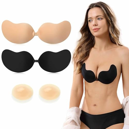 Reggiseno Invisibile 2 Pezzi con 1 Paia Copricapezzoli, Reggiseno Adesivo Push Up, Riutilizzabile Reggiseno Senza Spalline Coppe Adesive (IT, Taglia della coppa & Taglia della fascia, B, Nero+Beige)