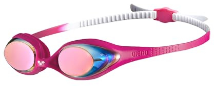 ARENA Unisex Youth Spider Junior Swim Goggles Girls and Boys Ages 6 to 12 Anti-Fog Mirror Lens Easy to Adjust Strap No Leak, White/Pink/Fuchsia