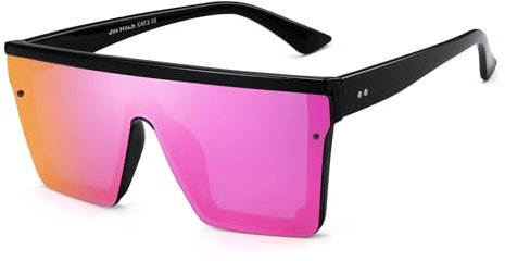 JIM HALO Flach Top Schild Sonnenbrillen Platz Spiegel Randlos Brillen für Damen Herren(Schwarzer Rahmen/Spiegel Lila Linse)