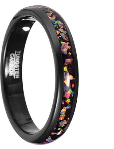 VAKKI Bague de Fiançailles pour Femmes Opale de Feu Bague 4mm Bague de Promesse Noire en Carbure de Tungstène Bombé Taille 54(17.2)