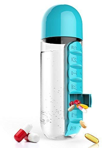 Water Bottle with Pill Box Organizer, Portable Water Cup with Thermal Cup Sleeve (Blue)