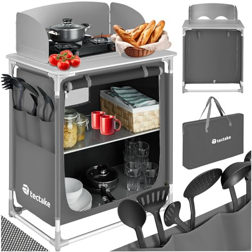 tectake® Campingkök, Mångsidigt, Hopfällbart med Värmebeständig Arbetsplatta, Vindskydd, Stängbart Förvaringsfack, Hög Stabilitet, Bärväska