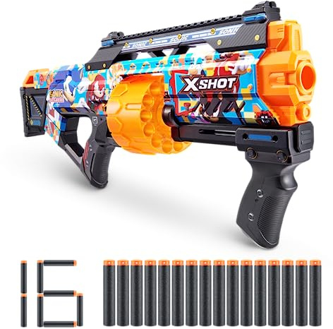 X-Shot Skins Last Stand Blaster – Modern Sonic Skin by ZURU Sonic The Hedgehog Design con 16 Dardos, acción de Fuego de Golpe, tecnología de Dardos de Bolsillo de Aire, Lanzador de Espuma de Juguete