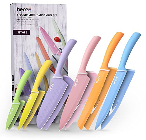 hecef Set di Coltelli da Cucina Colorati da 6 pezzi, Coltelli da Chef Professionali in Acciaio Inossidabile, Antiaderenti Sharp Coltelli con Coperture di Protezione, Lavabile in Lavastoviglie