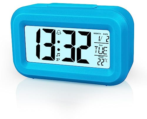 Vicloon Digital Wecker Nachttisch,LCD Display Tischuhr mit Snooze,12/24 Stunden,Datum,Temperaturanzeige,Timer-Funktion,Batteriebetrieben für Schlafzimmer Home Office Reisen(Blau)