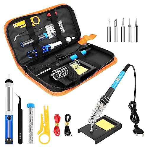 ARyee Lötkolben Set, 60W Lötkolben Set Elektronik Schweißkolben Lötwerkzeuge, Einstellbare Temperatur 200-450°C, Lötset mit Lötpistole, 5 Lötspitzen, Entlötpumpe, Lötkolbenständer, Lötdraht