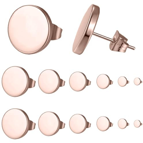 EODKSE Titan Ohrstecker Set: 6 Paar Hypoallergene Ohrringe in Roségold Optik für Damen, Herren & Mädchen, Edelstahl Unisex Flat Top Design mit runden Ohrsteckern in Größen von 3mm - 8mm,