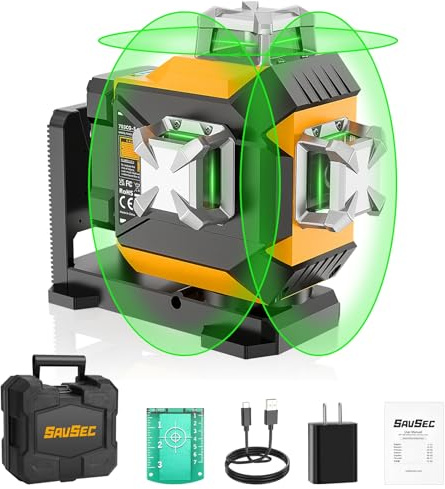 Kreuzlinienlaser, SAVSEC 3x360 Laser Wasserwaage mit Einstellbarer Helligkeit, Grün Selbstnivellierender Nivelliergerät, Wiederaufladbarer Li-Akku mit USB-C-Eingang(703CG-S)