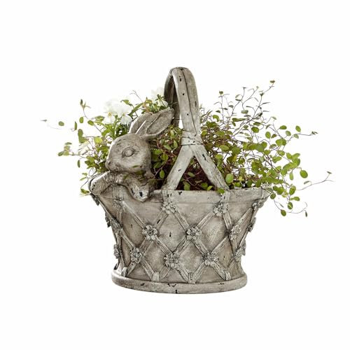 Loberon Übertopf Virginie, mit Häschen-Detail, detailreich gestaltet, ideal für Blüten & Deko, Nostalgie-Charme, Ostern, Osterekoration, Pflanzgefäß, Polyresin, grau