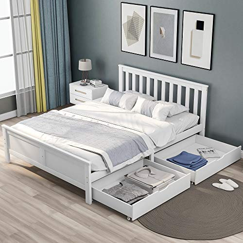 Merax 4FT6 Double Bed Frame with 2 Underbed Drawers, Solid Pine Wood Double Bed with Storage, Headboard Lattice Pattern Design, Guest Bed for Adults, Kids, Teenagers, White, 135x190cm