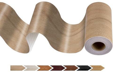 JUNART Wood Grain Repair Tape(10cm×1000cm), Self-Adhesive Waterproof Realistic Textured Repair Duct Tape for Tables, Baseboards, Doors, Windows, and Floors with Plastic Scraper(Yellow Teak)