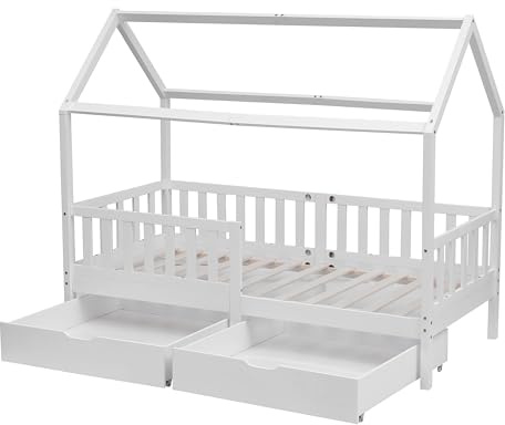 FUSIDE Wooden House-Shaped Toddler Bed with Guardrails and Under-Bed Storage Drawers, Natural (White)