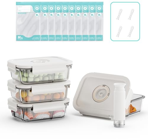 Annalocker Set de 4 Boîtes Alimentaires Hermétiques en Verre avec Pompe à Vide - Indicateur de Date Intégré - Sans BPA, Anti-Odeur - Pour Four, Micro-Ondes, Lave-Vaisselle et Congélateur(L)