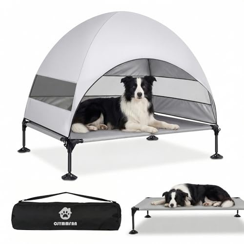 Upphöjd hundsäng utomhus med tak, hundbädd vikbar med halkfria fötter, hundtält utomhus med stor skugga, kylande höjd hundsäng för camping, trädgård, strand & pool (Grå, L)