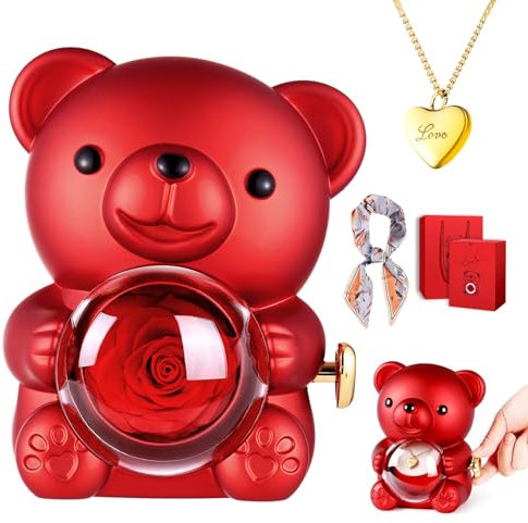 GOICC Rose Eternelle Ours Fête des Mères Idee Cadeau Original avec Collier pour Maman Femmes Rose Préservée Vraie Fleur avec Écharpes pour Petite Amie Épouse pour Saint Valentin Anniversaire Noël