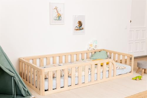 Mandrele - Montessori Bett, Bodenbett mit Lattenrost, Rausfallschutz Bett, Kinderbett, Holzbett mit Bettgestell für Jungen und Mädchen, 140x200 cm, Natur
