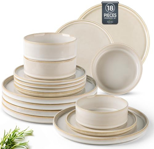 GBHOME Middagsservis för 6, handgjorda 18 delar stengodstallrikar och skålar set, reaktiv glasyrbit och repbeständig servis, diskmaskins- och mikrovågsugnssäker