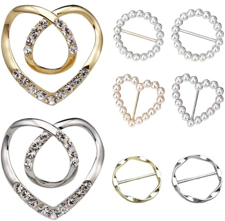 8 scarfspänne, skjortklämmor för damkläder, silke scarf ringklämma t-shirt slipsklämmor för kvinnor, hjärtformad strass scarf ringklämma, rund pärla scarf ring klämma, 8 pieces, Metall