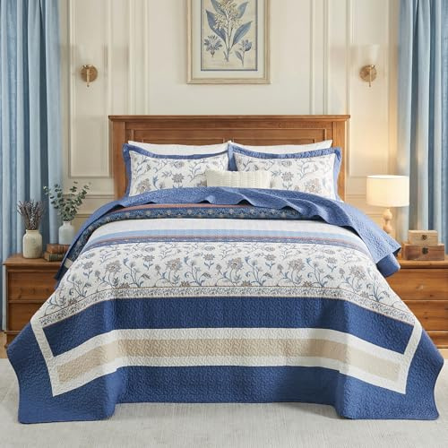 QuiltMuse 100% Cotton Oversized King Bedspread 128x120 - Lightweight Vintage California Quilt with 2 Shams, Reversible Floral Striped Extra Wide Quilted Bedding Coverlet Set, Dark Blue/Brown/Cream
