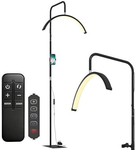 HOMCOM Lámpara Pestañas Media Luna, Lámpara de Pie con Cabeza Giratoria 350°, 7 Temperaturas de Color, Brillo Ajustable, Soporte para Teléfono, Control Remoto, para Uñas, Cuidado de Piel, Tatuajes