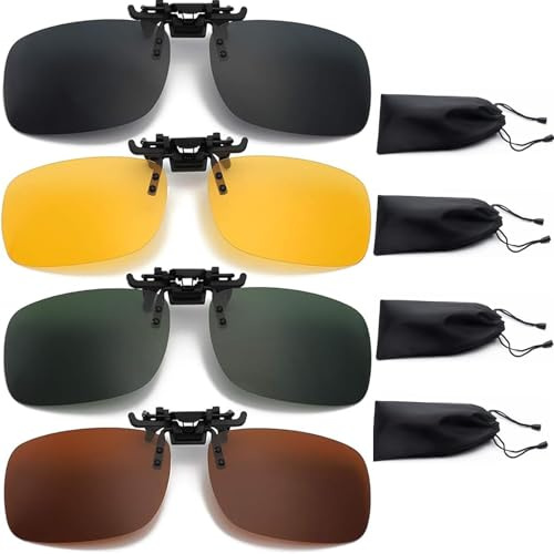 EujRcf 4 Pack Clip-on Sunglasses for Prescription Glasses, Polarized Flip-up Sunglasses with 4 Bags for Men Women Driving Travelling, for Men Women Driving Travelling Fishing Hunting Outdoor Sports