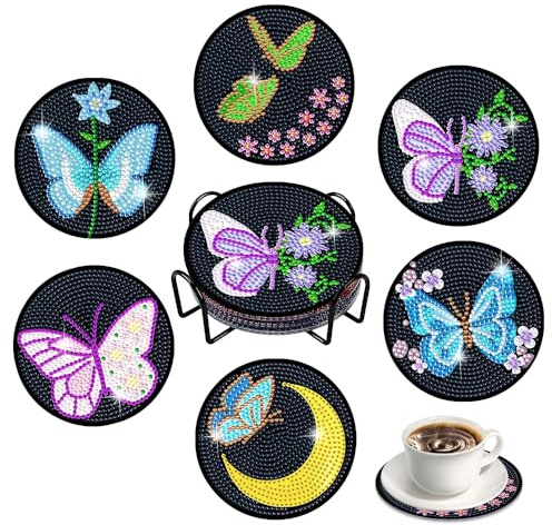 6 Stück Diamond Painting Untersetzer mit Halter,Tassenuntersetzer Diamant Painting Set Zubehör,HMCEY Diamant Untersetzer Cocktail,Getränkeuntersetzer Gläser für Erwachsene, Kinder, DIY Basteln