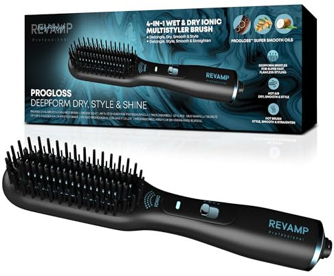REVAMP Deepform Hair Straightener Brush, Ceramic Heated Styler - 2 in 1 Dry & Style, Hot Air for use on Wet Hair and Hot Brush for Dry - Smoothing Salon Professional Shine Oils