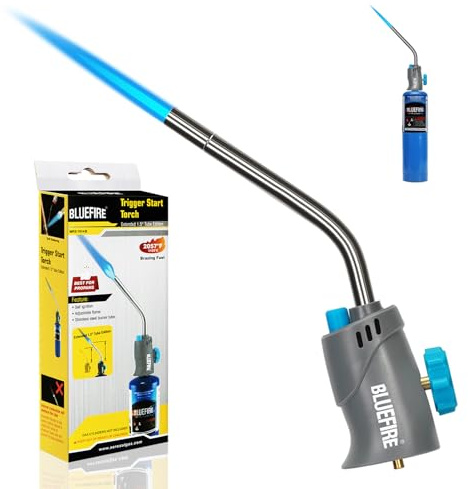 BLUEFIRE MRS-7014B Trigger Start Gas Welding Torch Head for Propane & MAP PRO Fuel,Extend 1.5 Burning Tube Nozzle Piezo Self Ignition Handhold Cylinder Soldering Brazing Triple-Point Flame