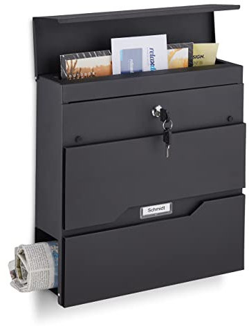 Relaxdays Boîte aux Lettres Porte-journaux et Étiquette nominale, H x L x P : 37x37x11cm, 2 Clés, Coffre Moderne, Noir
