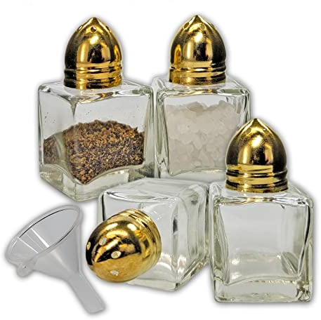 Pack of 4 Clear Glass Mini Cube Salt & Pepper Shakers with Gold-tone Tops and BONUS Easy Fill Funnel (Gold) by NetSellsIt