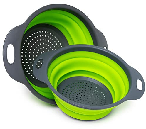 Set of 2 Collapsible Colander Made of Silicone, Food-Grade, Perfect for Draining Pasta, Vegetables and Fruits (Green)