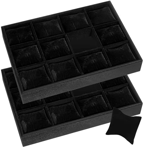 Henoyso 2 Pieces 12 Grid Velvet Watch Tray Jewelry Organizer Stackable Watch Bracelet Bangle Display Holder Adjustable Pillow(Black)