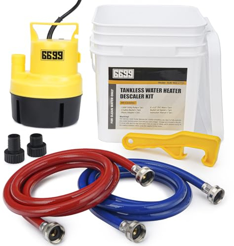 6699 Tankless Water Heater Flushing Kit Includes 1/4HP Submersible Sump Pump with Two Adapters & 3 Gallons Pail with Bucket Lid Opener & Two 1/2” Dia X 6’ PVC Hoses with Washers