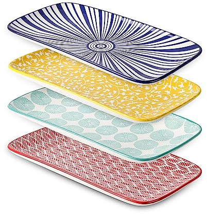 Selamica Ceramic Rectangular Serving Platters Set of 4, 12 Inch Serving Trays/Dishes for Party Entertaining, Rectangular Dinner Plates for Appetizer Salad Dessert Sushi, Assorted Colors