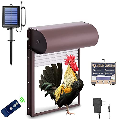 Aluminum Hühnerklappe Solar,Elektrische Automatisch Türöffner,Rolltor Automatische Hühnerklappe,mit Lichtsensor, Timer, Verzögerungsoption, Fernbedienung,Mit Führungsschienen,Sichere Hühneraufzucht