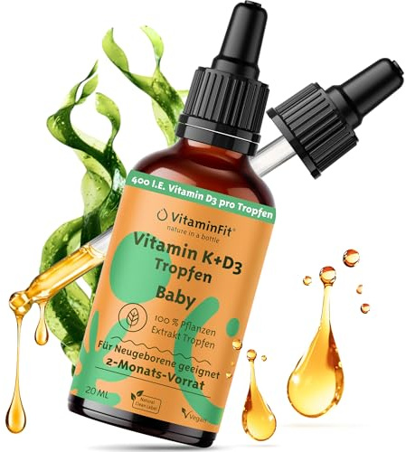 VitaminFit Babys Vitamin K und D3-Tropfen Nahrungsergänzungsmittel - Unterstützt das Immunsystem - Für den Knochenaufbau - Flüssig - Glutenfrei - Zuckerfrei - Laktosefrei - 100% Pflanzlich -Vegan-10ml