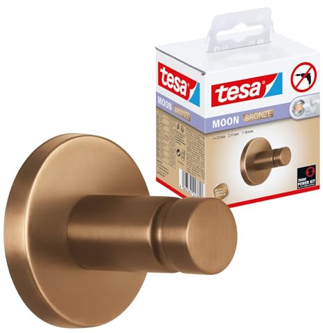 tesa MOON BRONZE Handtuchhaken in gebürsteter Bronze - selbstklebender Handtuchhalter aus PVD-beschichtetem Metall - ohne Bohren, inkl. Klebelösung - 37 mm x 37 mm x 36 mm