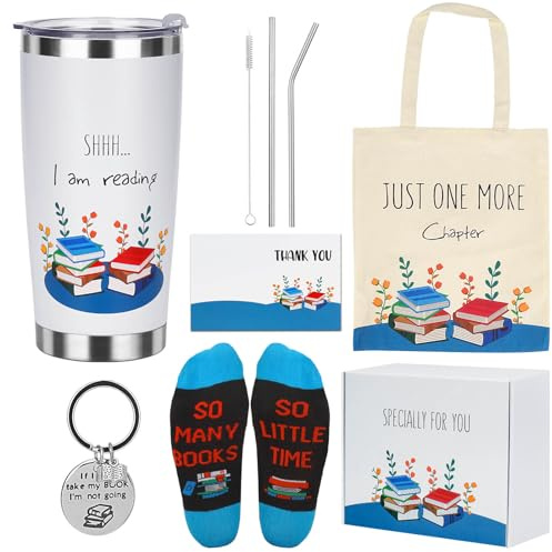 CAKKA Book Lovers Gift Set, 8 PCS Readers Set With 20 oz Tumbler, Lid, Straw Brush, Canvas Tote Bag, Socks, Key Chain, Thanks Card, Gift Box - Book Accessories Reading Idea for Women Girl