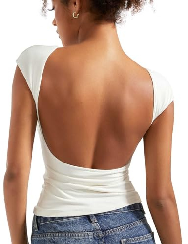 SUUKSESS Women Backless Sexy Going Out Crop Tops Double Lined Open Back Y2k Basic Tee Shirts (Pearl, M)