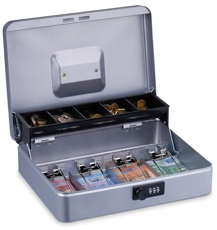 Relaxdays Caja Dinero, Combinación 3 Números, Bandeja para Monedas y 4 Espacios para Billetes, Efectivo, Plateado, 8,5 x 30,5 x 24,5 cm