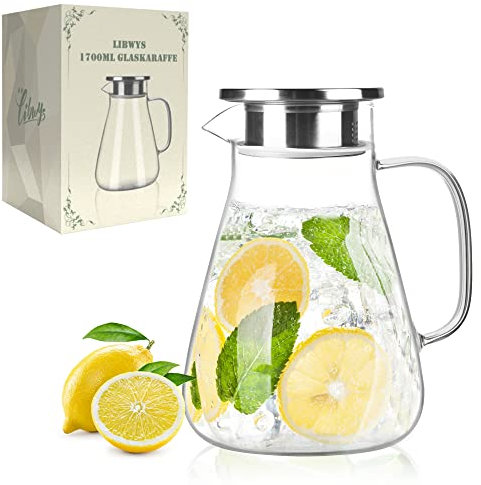 LIBWYS Jarra de cristal de 1700 ml con tapa, jarra de agua de vidrio de borosilicato, jarra de agua para bebidas, té, leche, zumo