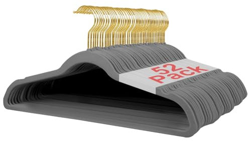 Wellong Kleiderbügel Samt, 45 cm rutschfeste Filz Bügel, Stabile Anzugbügel mit Schulterkerben, Platzsparende Kleiderbügel für Mäntel, Hosen, Silbe, 52 Stück – Grau mit Goldene Haken