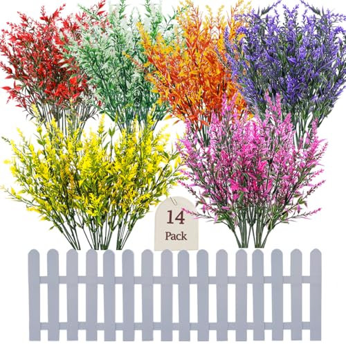 Sredumn 14 Bundles Artificial Flowers, outdoor artificial plants，UV Resistant Plastic Shrub Artificial Lavender, for outside, garden, hanging, basket, fence, window, trellis decoration