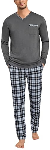 Leversic Pigiama Uomo Invernale Pigiama Lungo Cotone Uomo Pigiama da Uomo Scollo a V Pigiama Due Pezzi Pigiama Maniche Lunghe e Pantaloni a Quadri Grigio Scuro 3XL